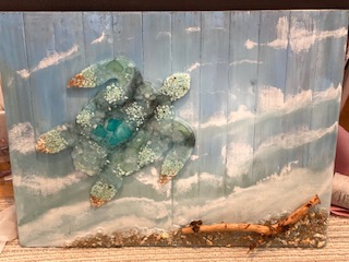 Sea Turtle — mixed media sea glass and resin piece on wood