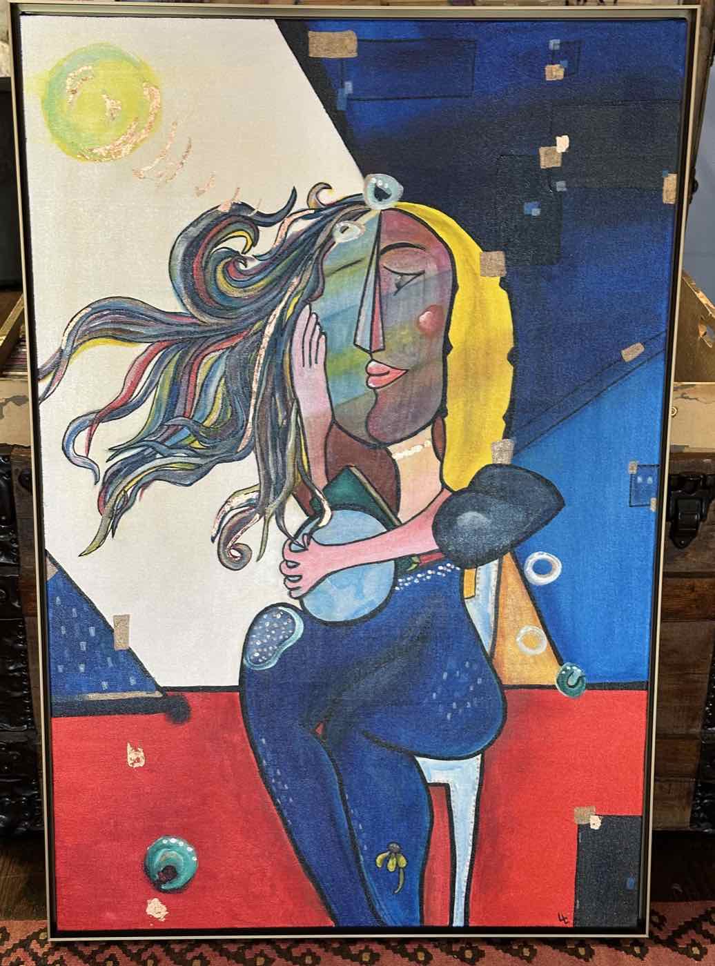 Windswept — cubist-style figurative painting with gold leaf accents